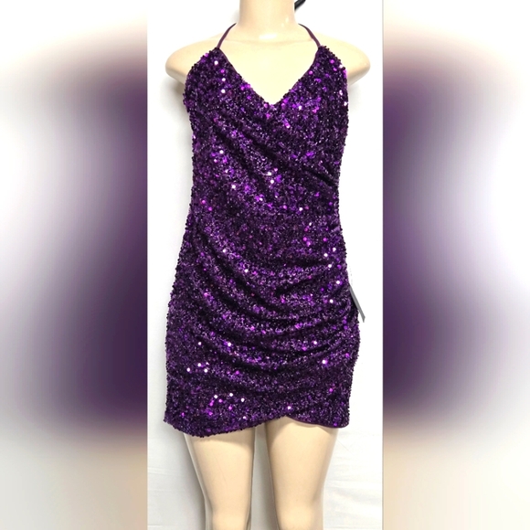 Lulus Dresses & Skirts - Lulus L Micro Mini Dress Bodycon Purple Sequin Criss Cross Frontvand Back Straps